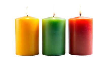 Three candles of different colors are lit up