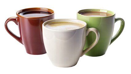 Three coffee cups of different colors sit on a transparent background