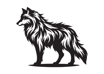 Majestic Black and White Wolf, Dog Silhouette Vector Art with Detailed Fur