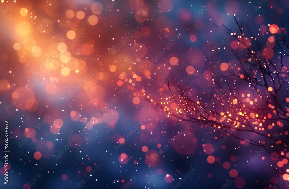 Poster illuminated tree with twinkling lights and blurred bokeh effect in the background.