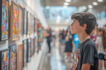 Obraz premium Boy admiring artwork at school art show