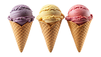 Three ice cream cones with different flavors