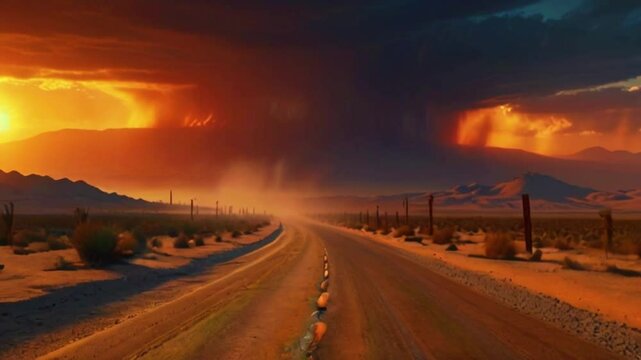scene where a mirage appears on the horizon as the sun rises, with the road seemingly leading to an illusory body of water or cityscape in the distance, 4K Ultra HD animation video