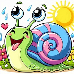Happy snail on a leaf cartoon 
