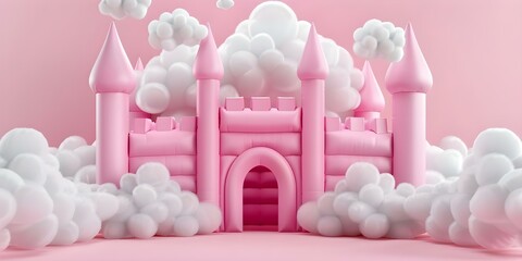 Pastel pink kids castle with white clouds abstract landscape inflatable structure. Concept Inflatable Castle, Pastel Pink Design, Abstract Landscape, Kids' Play Structure, White Clouds