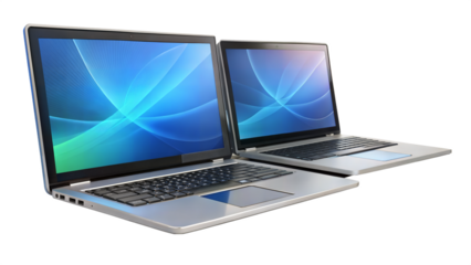 Two laptops are placed side by side on a transparent background