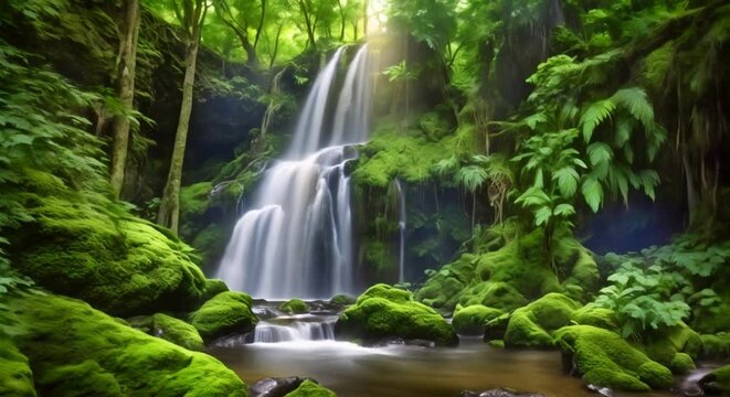 Enchanting fantasy waterfall cascading through a colorful forest of vibrant plants creating a magical and whimsical sce Seamless looping time lapse virtual video animation background 4k animation