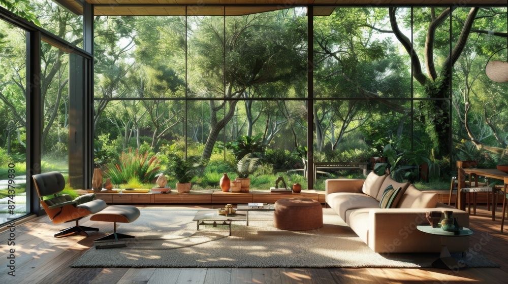 Poster a modern living room with floor-to-ceiling windows overlooking a lush green forest. sunlight streams