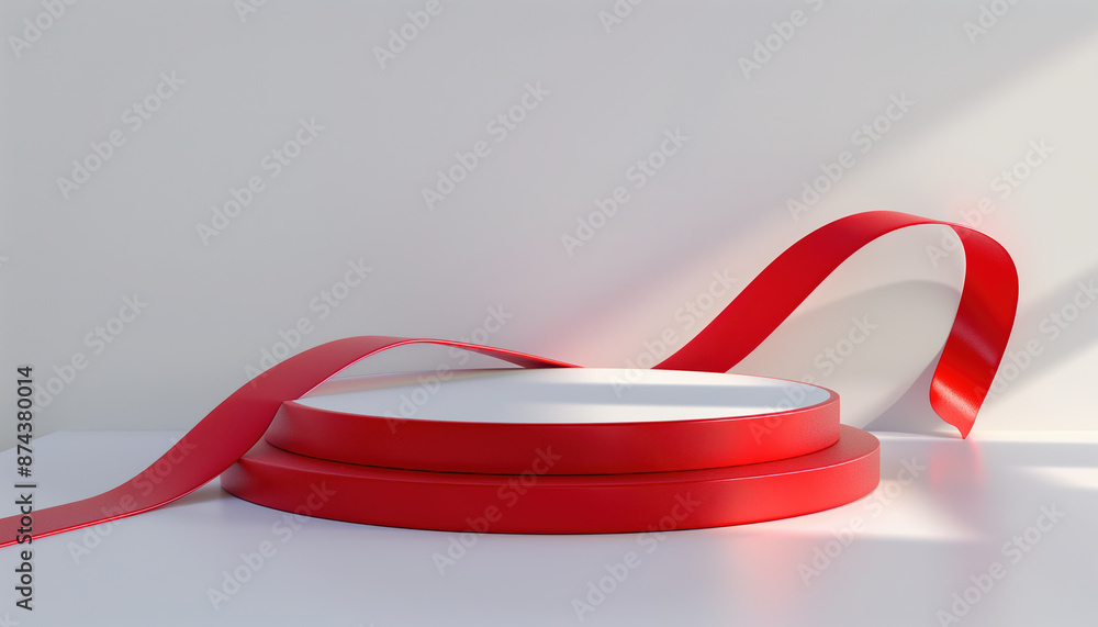 Poster 3d rendering design of a cosmetics stand with ribbon on red background, showcasing a stylish and mod