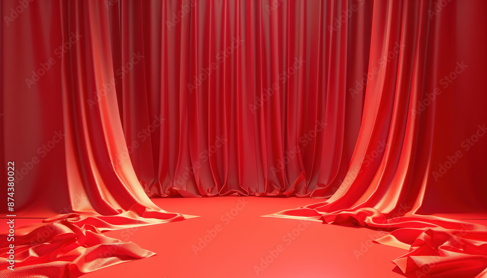 Poster 3d rendering design of cosmetics stand against red backdrop background. visually stunning display fo