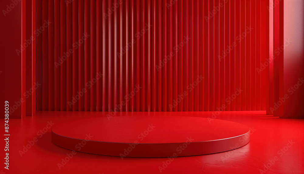 Poster 3d rendering design of cosmetics stand against a red backdrop background for an eye-catching present