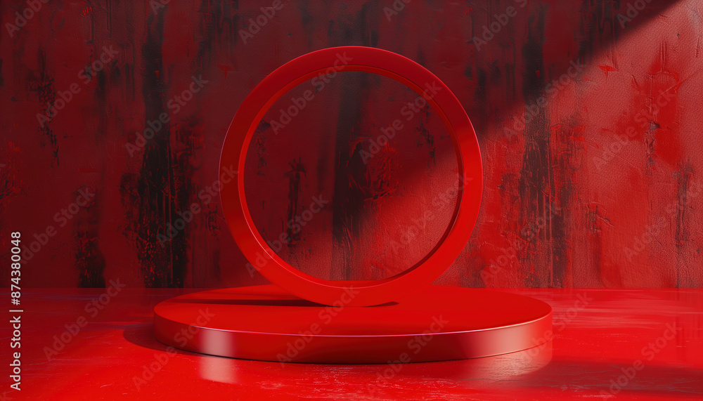 Aufkleber 3d rendering design of cosmetics circle stand on a red background - innovative display for beauty pr