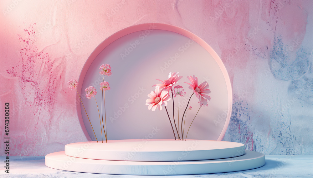 Aufkleber pastel background with 3d rendering design of cosmetics circle stand and flower: a stunning display 