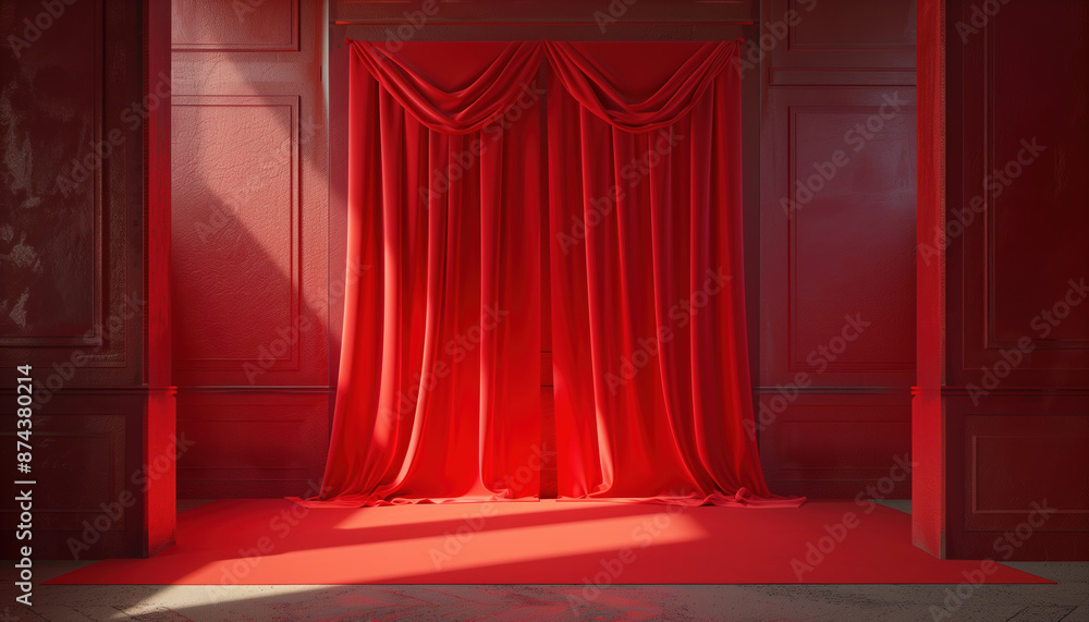 Poster 3d rendering design of cosmetics stand against red backdrop background - a stylish display for makeu
