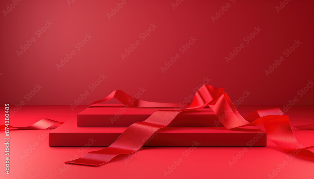 Poster 3d rendering design of square cosmetics stand and red ribbon against a red backdrop background - eye