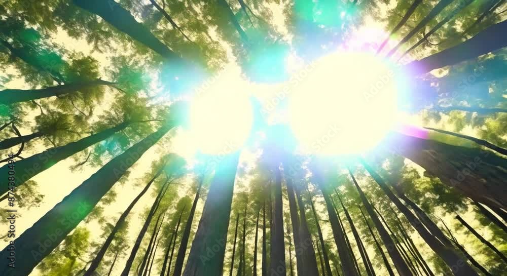 Poster majestic tall trees soaring into the sky with radiant light filtering through leaves seamless loopin