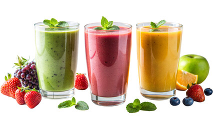 Three different colored smoothies are lined up on a table with fruit and mint