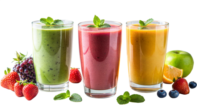 Three different colored smoothies are lined up on a table with fruit and mint