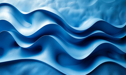 Abstract Curvy Blue 3D Render with Wavy Surfaces, Modern Art, Fluid Dynamics, Smooth Waves, Flowing Shapes, Serene Atmosphere, Contemporary Design Visualization