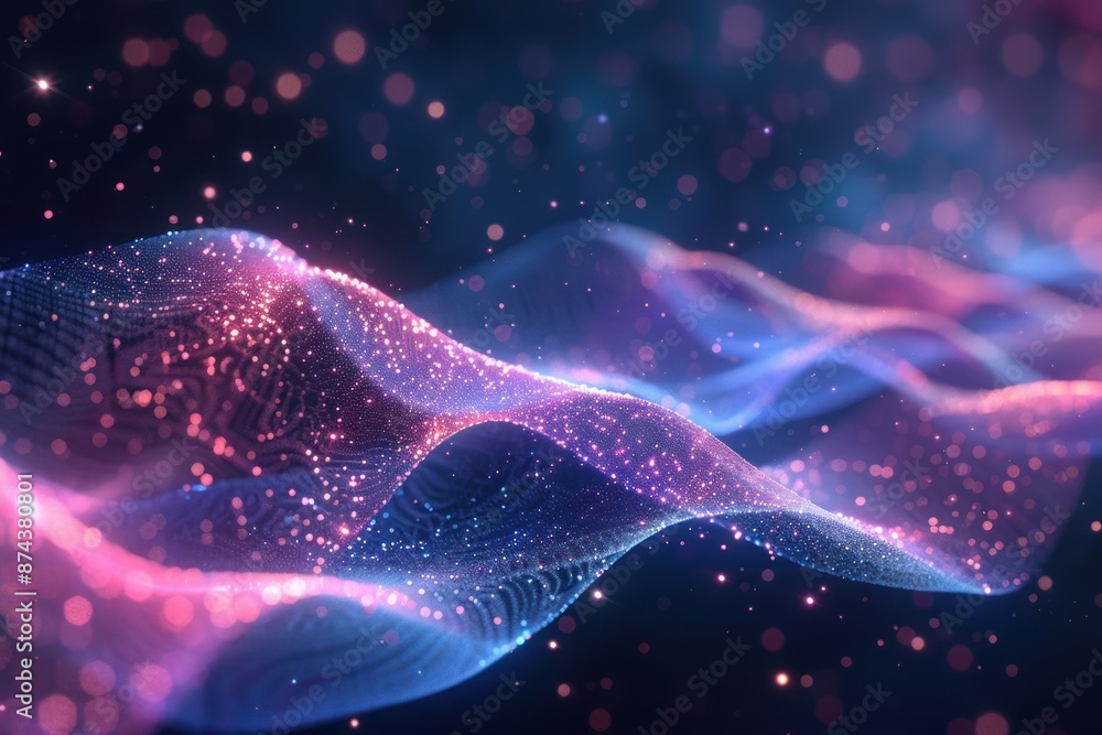 Poster abstract glowing particles forming a wavy shape in a dark background