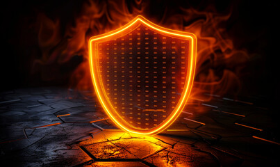 Fototapeta premium Vibrant Orange and Yellow Neon Light Shield Icon Against Dark Background, 3D Render of Futuristic Technology Security Symbol with Fiery Effects, Isolated Illuminated Digital Protection Concept