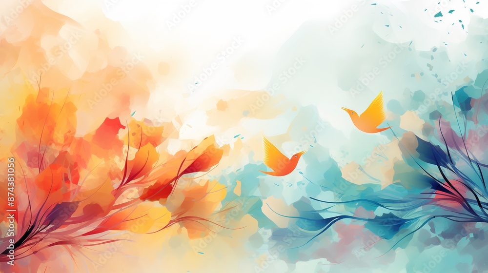 Poster autumn abstract background 2 with colorful autumn tree branches and decorative birds in soft pastel 