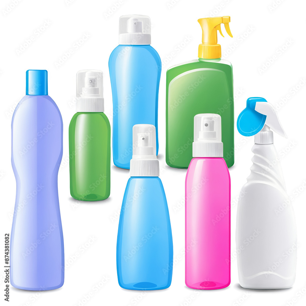 Aufkleber A variety of spray bottles and containers with different cleaning solutions each with a unique color and scent..