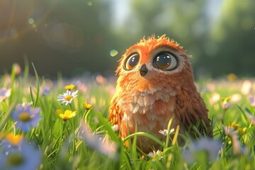 A small, fluffy owl with large eyes sits in a meadow surrounded by blooming flowers