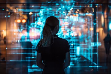 A woman stands in front of a glowing digital screen