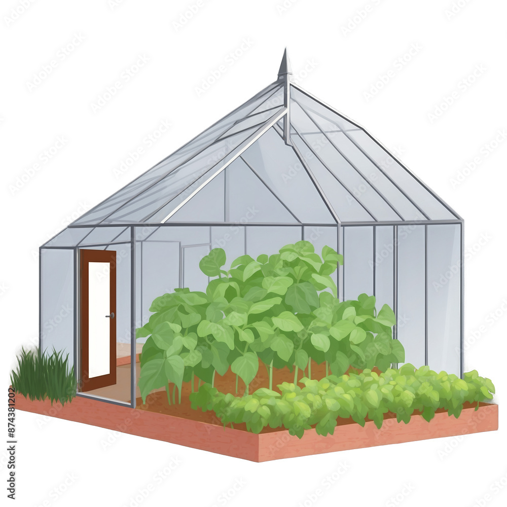 Aufkleber A transparent structure with a pointed roof and a door on one side used for growing and preserving delicate crops..