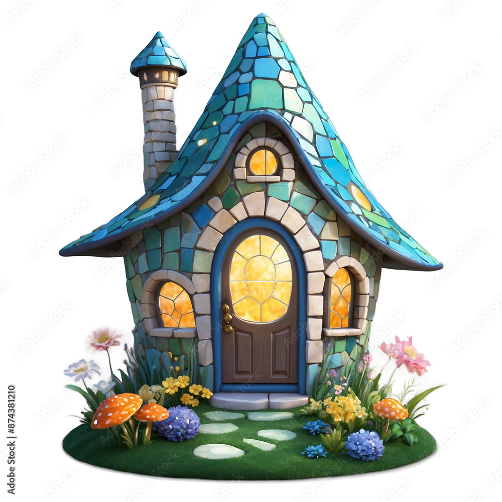 Aufkleber A whimsical garden light in the shape of a fairy house. Made of colorful mosaic tiles it features a small door windows and a chimney. The light shines through the windows creating.