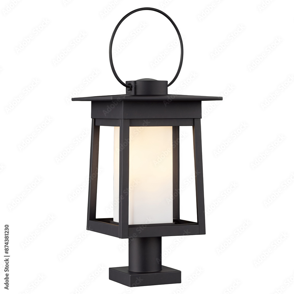 Poster A modern take on a traditional lantern this path light is made of matte black metal and has a rectangular shape. Its top is open with a bright bulb illuminating the surrounding.