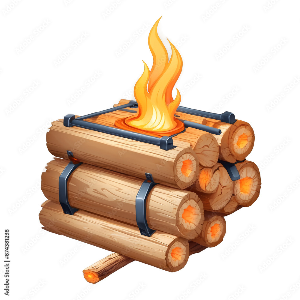 Poster a wooden box with intricate carvings housing a stack of logs and a metal grate with a bright orange 