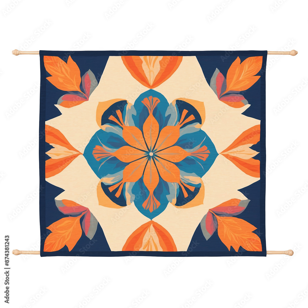 Poster an artful tapestry made of natural fibers featuring bold symmetrical designs..