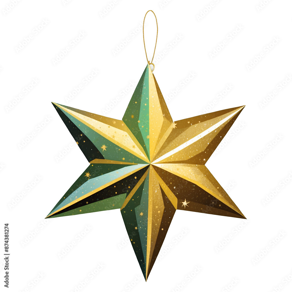 Poster a glittery starshaped ornament with a mix of green gold and silver colors. its surface is slightly t
