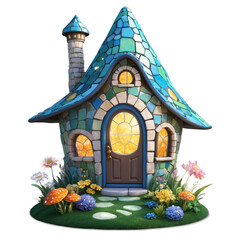 A whimsical garden light in the shape of a fairy house. Made of colorful mosaic tiles it features a small door windows and a chimney. The light shines through the windows creating.