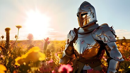 Fototapeta premium Medieval knight relaxing in field at sunset