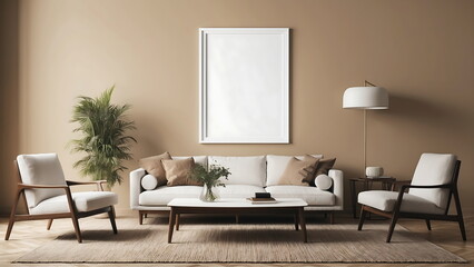 blank white mock up frame on modern living room with beige wall