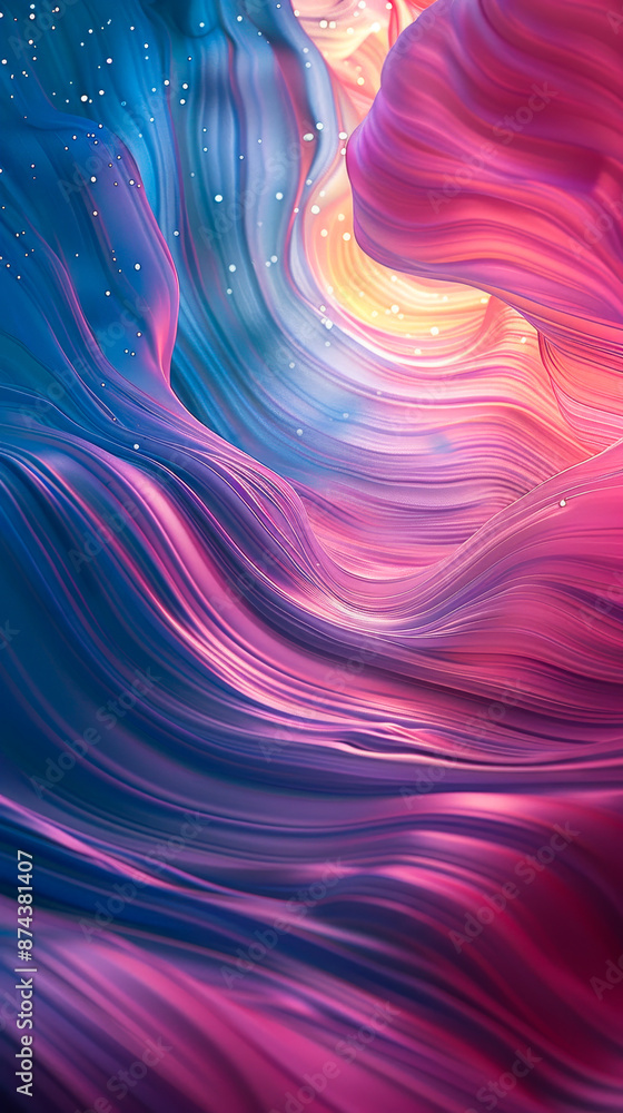 Poster vivid 3d abstract render with undulating organic forms in pink and blue tones, dynamic flow and curv