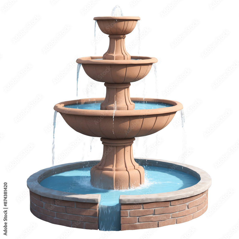 Poster A traditionalstyle water fountain made of brick and concrete with a large central basin and two tiers of cascading waterfalls..