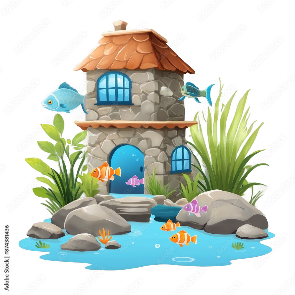 Poster A home for aquatic creatures consisting of a clear structure some rocks and a variety of fish..