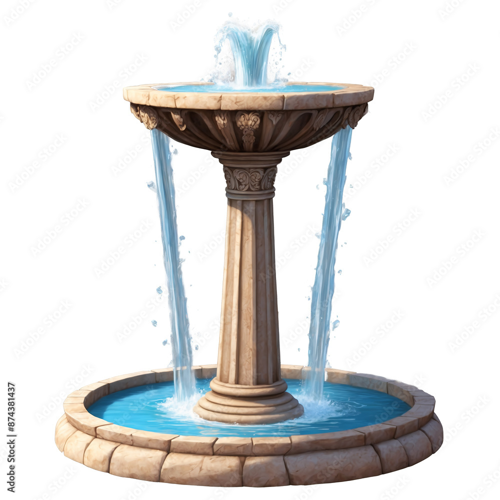 Poster A circular stone base with a tall thin column in the center decorated with intricate carvings and topped by a bubbling cascade of water..