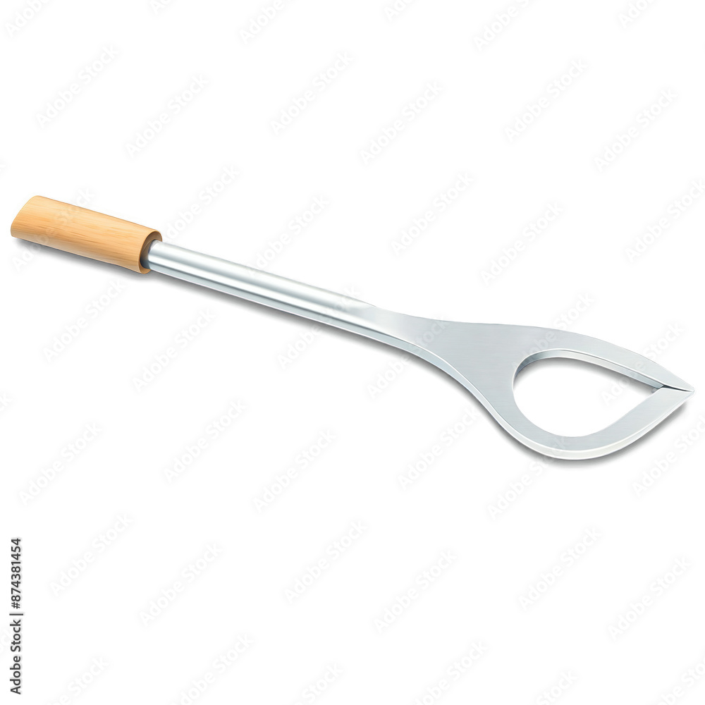 Poster A small metal tool with a long handle and a flat rectangular piece on top. The handle is curved and there is a small round hole at the end of it..