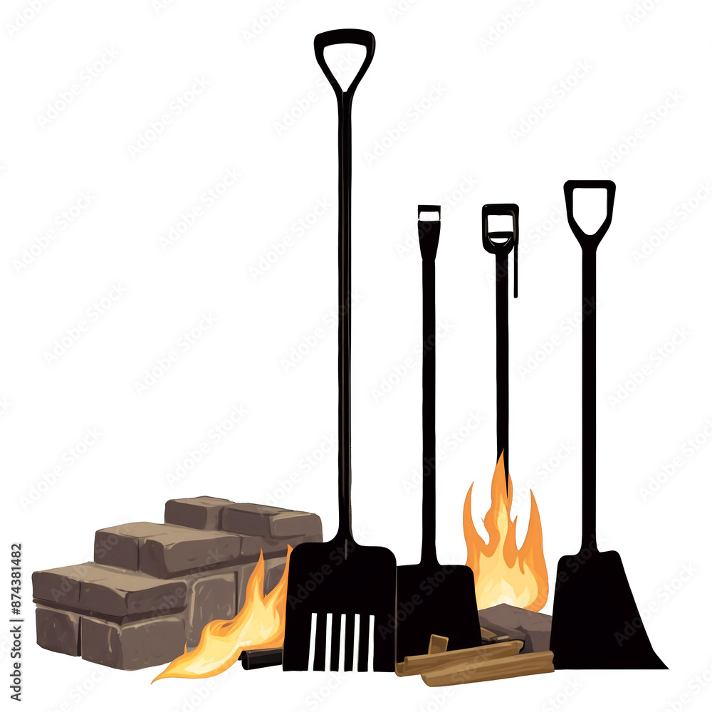 Poster a set of fireplace utilities kept neatly by a brick fireplace. the black metal tools include a longh