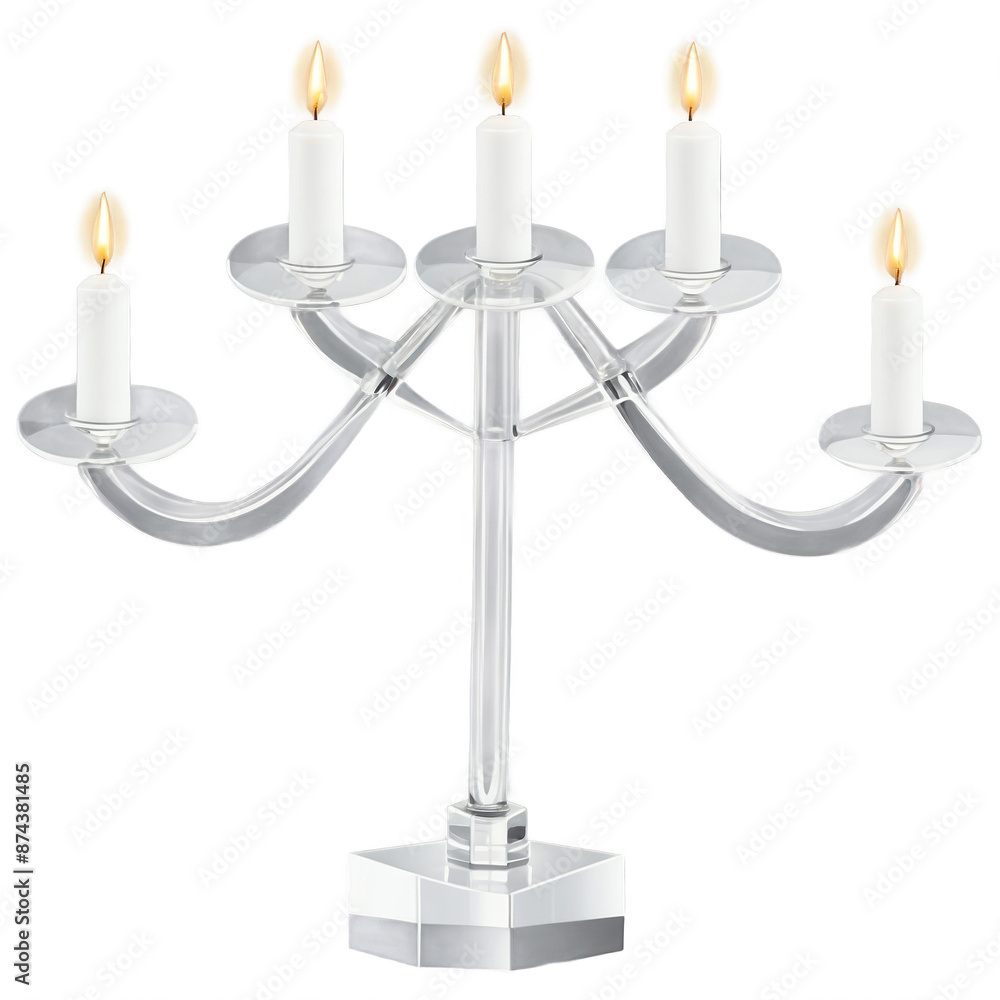 Poster A modern geometric candelabra made of clear glass with five intersecting arms and a clean angular base..