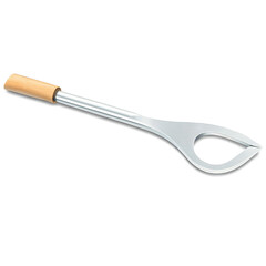 A small metal tool with a long handle and a flat rectangular piece on top. The handle is curved and there is a small round hole at the end of it..