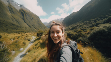 Naklejka premium A woman is smiling and taking a selfie in a beautiful mountain landscape