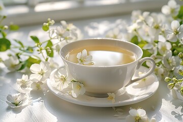 Fototapeta premium A Cup of green tea and white Jasmine flowers.Jasmine flowers in vase and two glass cups of green tea