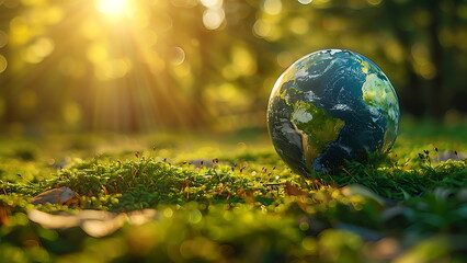 miniature globe in forest. earth day concept