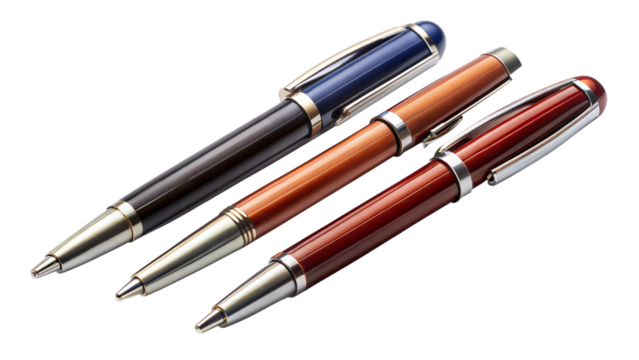 Three pens of different colors are lined up on a transparent background